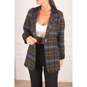 armonika Women's Navy Blue Collar Detailed Plaid Oversize Cachet Jacket