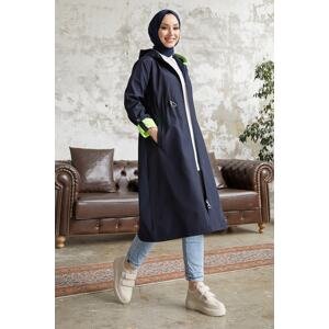 InStyle Hooded Neon Trench with Pleated Waist - Navy \ Green