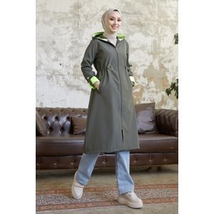 InStyle Hooded Neon Trench with Pleated Waist - Khaki \ Green