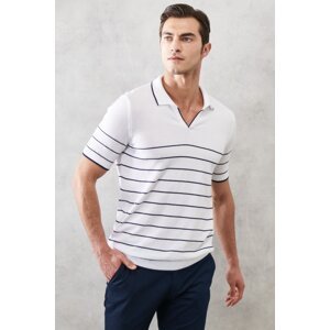 AC&Co / Altınyıldız Classics Men's White-Navy Blue Standard Fit Normal Cut 100% Cotton Polo Neck Knitwear T-Shirt