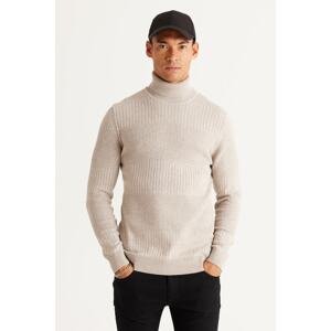 AC&Co / Altınyıldız Classics Men's Beige Melange Recycle Standard Fit Regular Fit Full Turtleneck Cotton Jacquard Knitwear Sweater