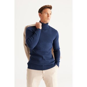 AC&Co / Altınyıldız Classics Men's Indigo Recycle Standard Fit Regular Fit Full Turtleneck Cotton Jacquard Knitwear Sweater