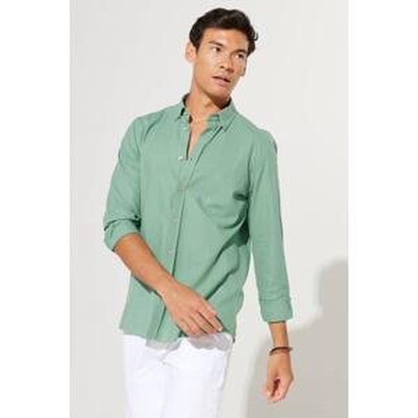 AC&Co / Altınyıldız Classics Men's Khaki Slim Fit Slim Fit Oxford Buttoned Collar Linen Look 100% Cotton Flamed Shirt