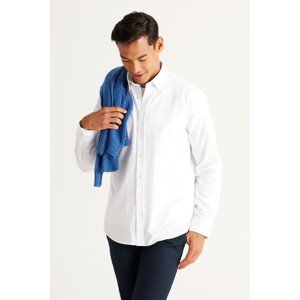 AC&Co / Altınyıldız Classics Men's White Comfort Fit Relaxed Cut Concealed Buttoned Collar 100% Cotton Checkered Shirt
