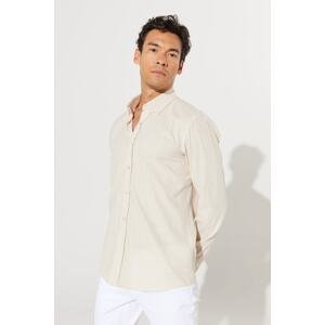 AC&Co / Altınyıldız Classics Men's Beige Slim Fit Slim Fit Oxford Buttoned Collar Linen Look 100% Cotton Flamed Shirt
