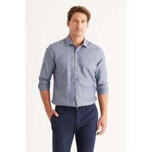 AC&Co / Altınyıldız Classics Men's Navy Blue Slim Fit Slim Fit Classic Collar Diagonal Patterned Linen Shirt