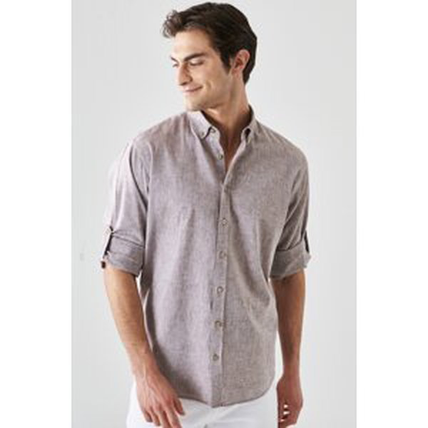 AC&Co / Altınyıldız Classics Men's Brown Comfort Fit Relaxed-Cut Buttoned Collar Casual Linen Shirt.