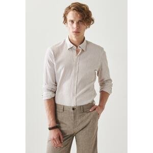 AC&Co / Altınyıldız Classics Men's White-beige Slim Fit Slim Fit Buttoned Collar Striped Shirt