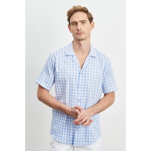 AC&Co / Altınyıldız Classics Men's White-blue Comfort Fit Relaxed Fit Mono Collar Checkered Short Sleeve Casual Shirt