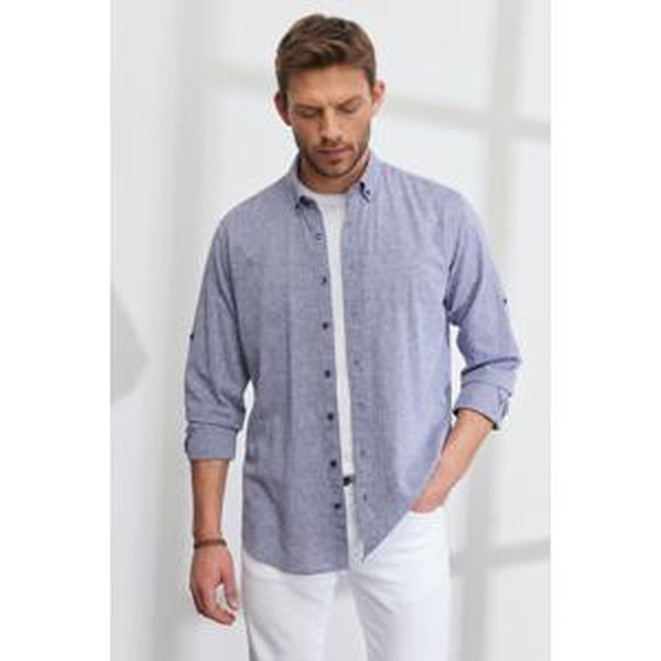AC&Co / Altınyıldız Classics Men's Navy Blue Comfort Fit Comfortable Cut Buttoned Collar Casual Linen Shirt.