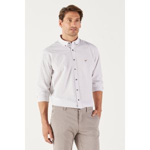 AC&Co / Altınyıldız Classics Men's White-Brown Comfort Fit Relaxed Cut Buttoned Collar Checkered Cotton Shirt