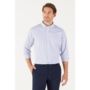 AC&Co / Altınyıldız Classics Men's White-Navy Blue Comfort Fit Relaxed Cut Buttoned Collar Cotton Checkered Shirt