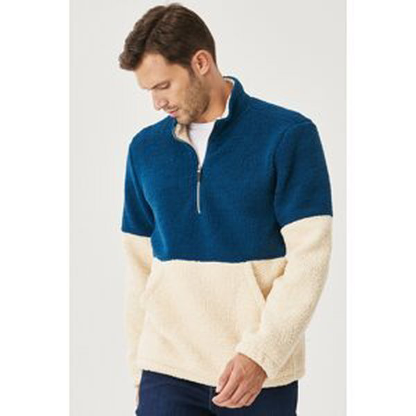 AC&Co / Altınyıldız Classics Men's Oil Tassel Standard Fit High Bato Collar Kangaroo Pocket Double Color Sherpa Fleece Sweatshirt