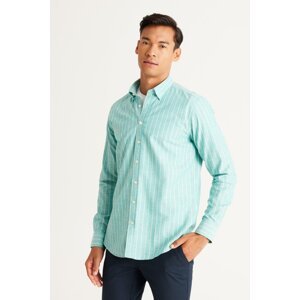AC&Co / Altınyıldız Classics Men's Green-White Slim Fit Slim Fit Hidden Button Collar 100% Cotton Striped Shirt
