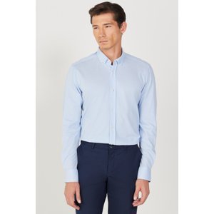 ALTINYILDIZ CLASSICS Men's Light Blue Slim Fit Slim Fit Oxford Buttoned Collar Pique Patterned Cotton Shirt