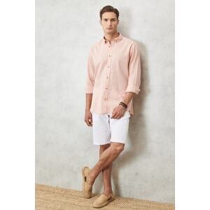 ALTINYILDIZ CLASSICS Men's Pink Comfort Fit Relaxed Cut Buttoned Collar Long Sleeve Linen Shirt