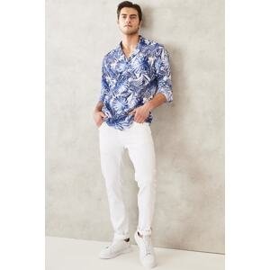 ALTINYILDIZ CLASSICS Men's White-Navy Blue Slim Fit Slim Fit Mono Collar 100% Cotton Printed Shirt