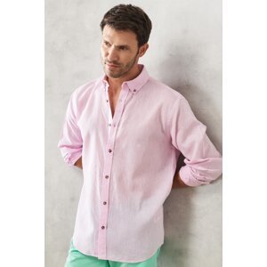 ALTINYILDIZ CLASSICS Men's Pink Comfort Fit Relaxed Cut Buttoned Collar Long Sleeve Linen Shirt
