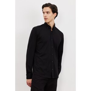 ALTINYILDIZ CLASSICS Men's Black Slim Fit Slim Fit Oxford Buttoned Collar Pique Patterned Cotton Shirt