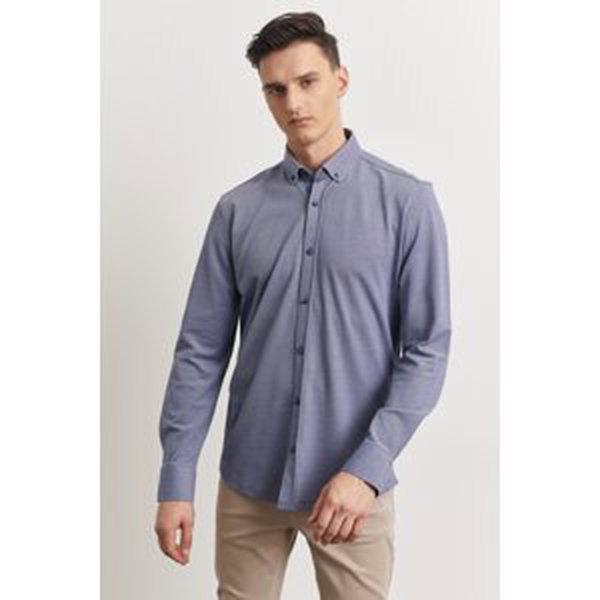ALTINYILDIZ CLASSICS Men's Navy Blue Slim Fit Slim Fit Oxford Buttoned Collar Pique Patterned Cotton Shirt