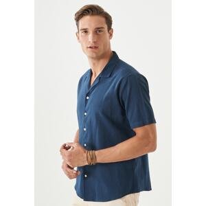 ALTINYILDIZ CLASSICS Men's Navy Blue Comfort Fit Relaxed Fit Mono Collar Short Sleeve Plain Linen Shirt