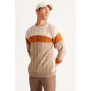 AC&Co / Altınyıldız Classics Men's Beige-mink Standard Fit Regular Fit Crew Neck Colorblok Patterned Knitwear Sweater