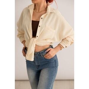 armonika Women's Cream Pocket Oversize Velvet Long Basic Shirt