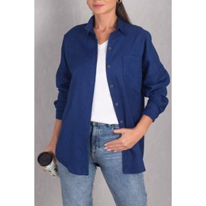 armonika Women's Navy Blue Pocketed Oversize Velvet Long Basic Shirt