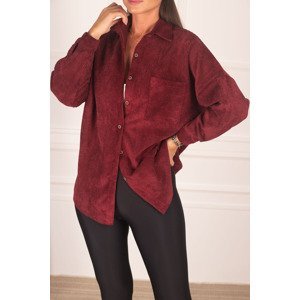 armonika Women's Dark Claret Red Pocketed Oversize Velvet Long Basic Shirt