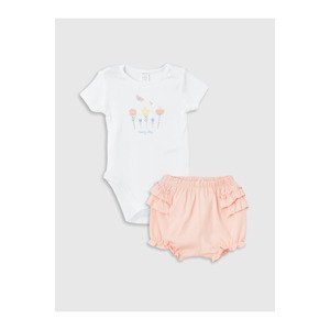 LC Waikiki LCW Baby Crew Neck Short Sleeve Printed Baby Girl Snap Fastener Body and Shorts 2-Set
