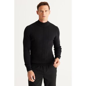 AC&Co / Altınyıldız Classics Men's Black Slim Fit Slim Fit Half Turtleneck Cotton Jacquard Knitwear Sweater