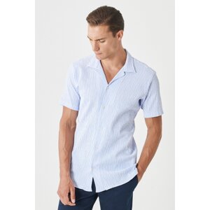 AC&Co / Altınyıldız Classics Men's White-Light Blue Comfort Fit Relaxed Fit Mono Collar Seersucker Striped Shirt