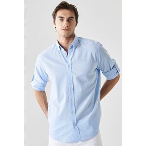 AC&Co / Altınyıldız Classics Men's Light Blue Comfort Fit Relaxed-Cut Buttoned Collar Casual Linen Shirt.