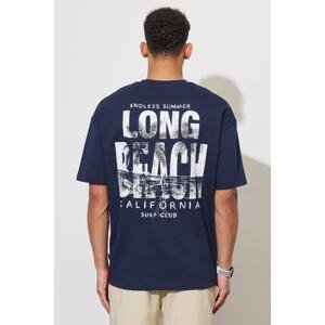 AC&Co / Altınyıldız Classics Men's Navy Blue Oversize Wide Cut Crew Neck 100% Cotton Printed T-Shirt