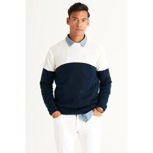 AC&Co / Altınyıldız Classics Men's Ecru-Navy Blue Standard Fit Regular Fit Crew Neck Colorblok Patterned Knitwear Sweater