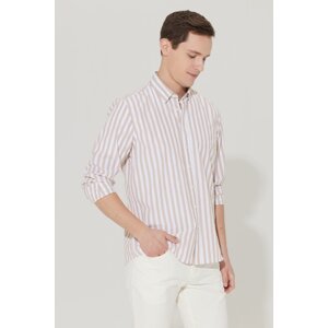 AC&Co / Altınyıldız Classics Men's Beige-white Slim Fit Slim Fit Hidden Button Collar Cotton Shirt