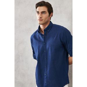 AC&Co / Altınyıldız Classics Men's Indigo Comfort Fit Relaxed Cut Button Collar Casual Linen Shirt
