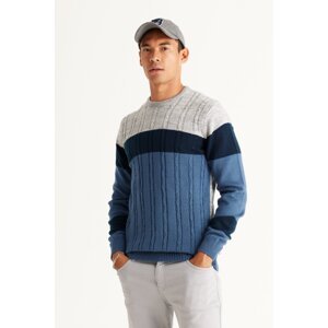 AC&Co / Altınyıldız Classics Men's Gray Melange-Indigo Standard Fit Normal Cut Crew Neck Colorblok Patterned Knitwear Sweater.