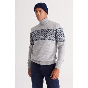 AC&Co / Altınyıldız Classics Men's Gray Melange-Navy Blue Standard Fit Regular Fit Turtleneck Zigzag Pattern Knitwear Sweater