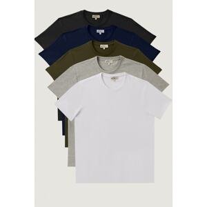 AC&Co / Altınyıldız Classics Pánska biela-tmavá modrá-čierna-khaki-šedá Melange Slim Fit Crew krk 100% bavlna 5-dielne balenie tričiek