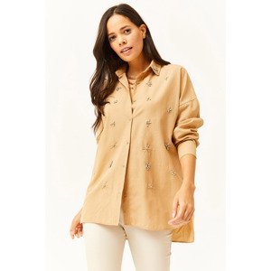 Olalook Women's Six Oval Woven Shirt with Camel Collar and Stones on the Front