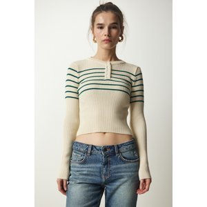 Happiness İstanbul Women's Cream Green Button Collar Ribbed Crop Knitwear Blouse