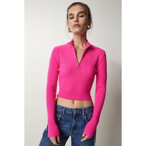 Šťastie İstanbul Dámske Ružový Zips Rebrovaný Crop Pletený sveter