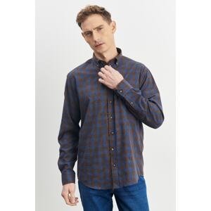 ALTINYILDIZ CLASSICS Men's Navy Blue-brown Comfort Fit Relaxed Cut Button Collar Checked Shirt
