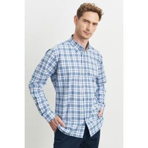 ALTINYILDIZ CLASSICS Men's White-blue Comfort Fit Relaxed Cut Buttoned Collar Checkered Shirt