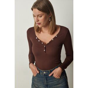 Happiness İstanbul Women's Brown Button Collar Ribbed Crop Knitted Blouse