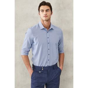 ALTINYILDIZ CLASSICS Men's White-Navy Blue Slim Fit Narrow Cut Classic Collar Dobby Shirt