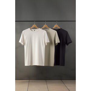 Trendyol Stone-Ecru-Anthracite Pánske basic Slim Fit tričko 100% bavlna 3-pack