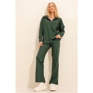 Trend Alaçatı Stili Women's Walnut Green Polo Neck Top and Palazzon Trousers Knitwear Top and Bottom Set