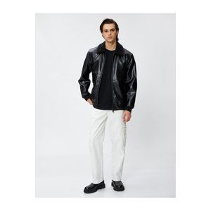 Koton Leather Look Jacket Plush Collar Detailed Pockets Zippered